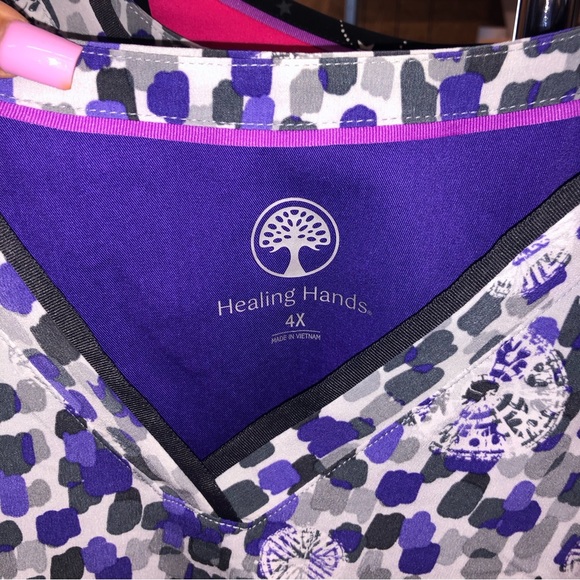 Healing Hands Grosgrain Ribbon V-Neck purple short sleeve scrub top - Picture 7 of 7